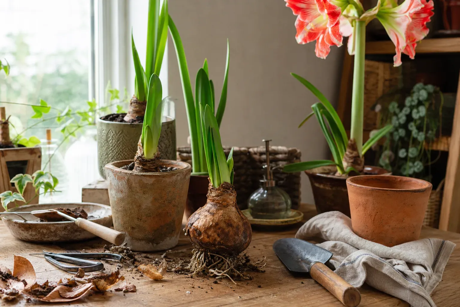 Bulbes d'amaryllis en pot de terre cuite, feuillage vert et hampe fleurie en arrière-plan.