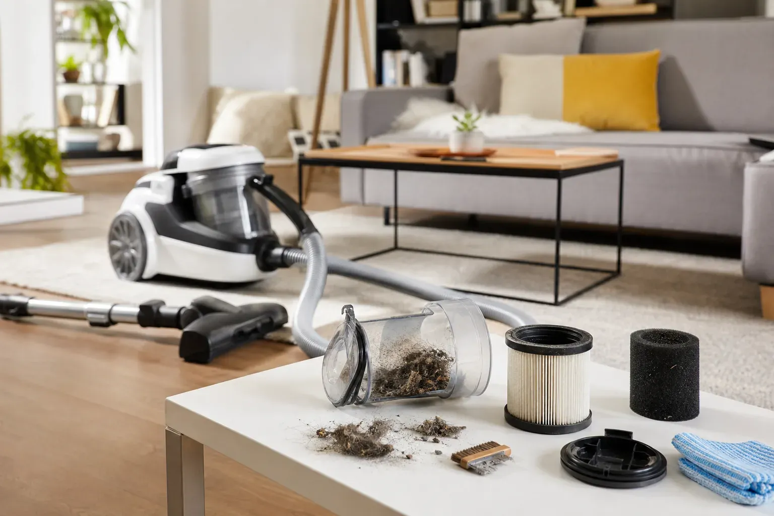 Aspirateur ouvert sur une table basse avec ses filtres et son bac de récupération démontés pour nettoyage