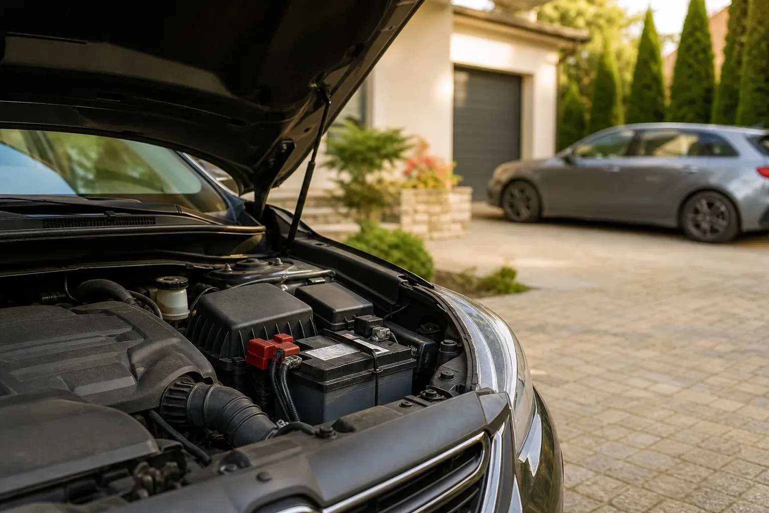 Batterie de voiture visible sous le capot ouvert, dans une allée de maison