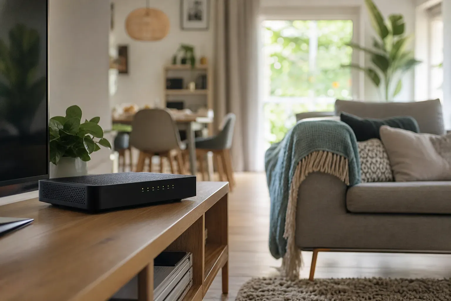 Box internet posée sur un meuble bas dans un salon lumineux