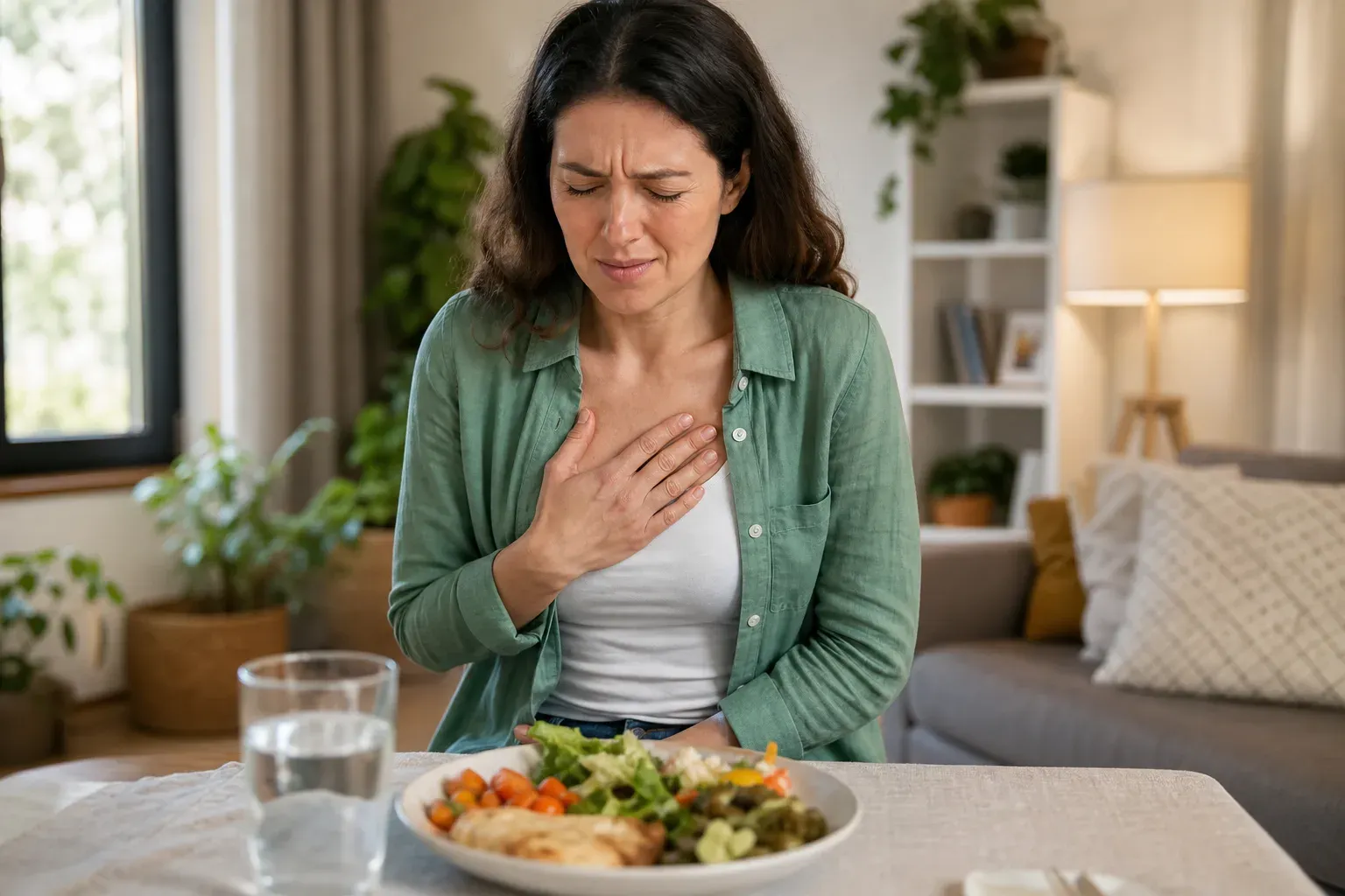Femme se tenant la poitrine, inconfortable, assise devant un repas