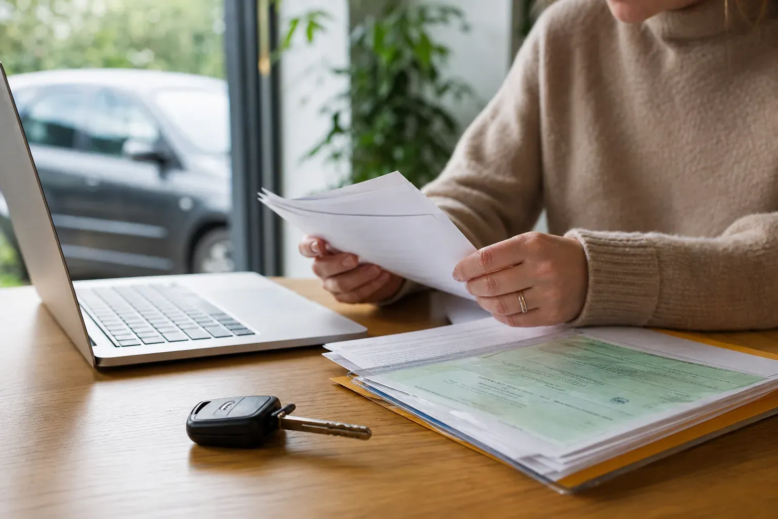 Personne consultant des documents administratifs de véhicule devant un ordinateur portable
