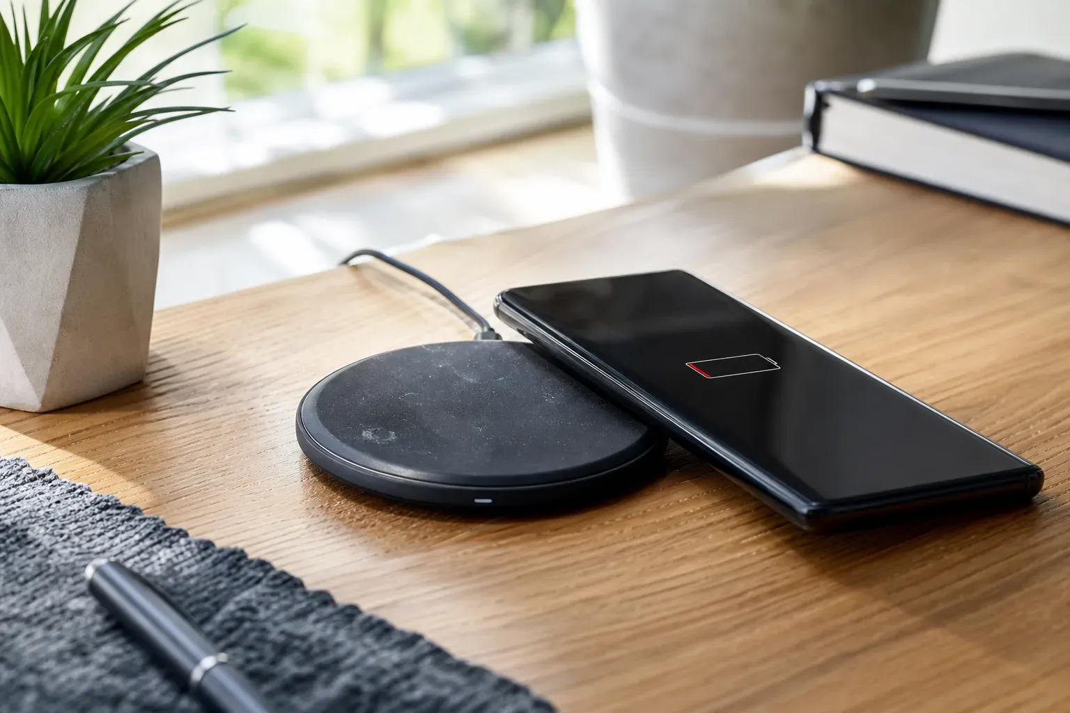 Smartphone à batterie faible posé sur un chargeur à induction sur un bureau en bois
