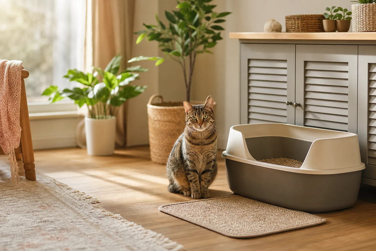 Chat assis à côté de son bac à litière dans un intérieur lumineux