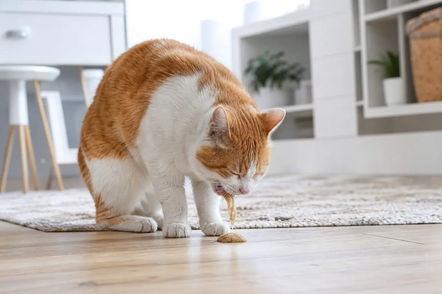 Chat roux et blanc penché au sol dans un salon lumineux