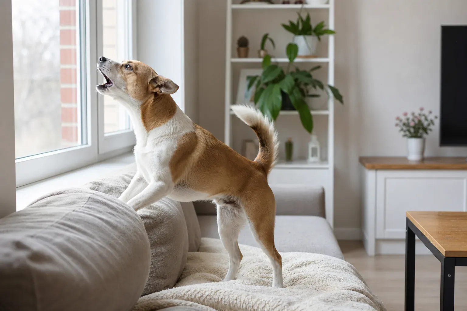 Chien debout sur un canapé aboyant vers la fenêtre d'un salon