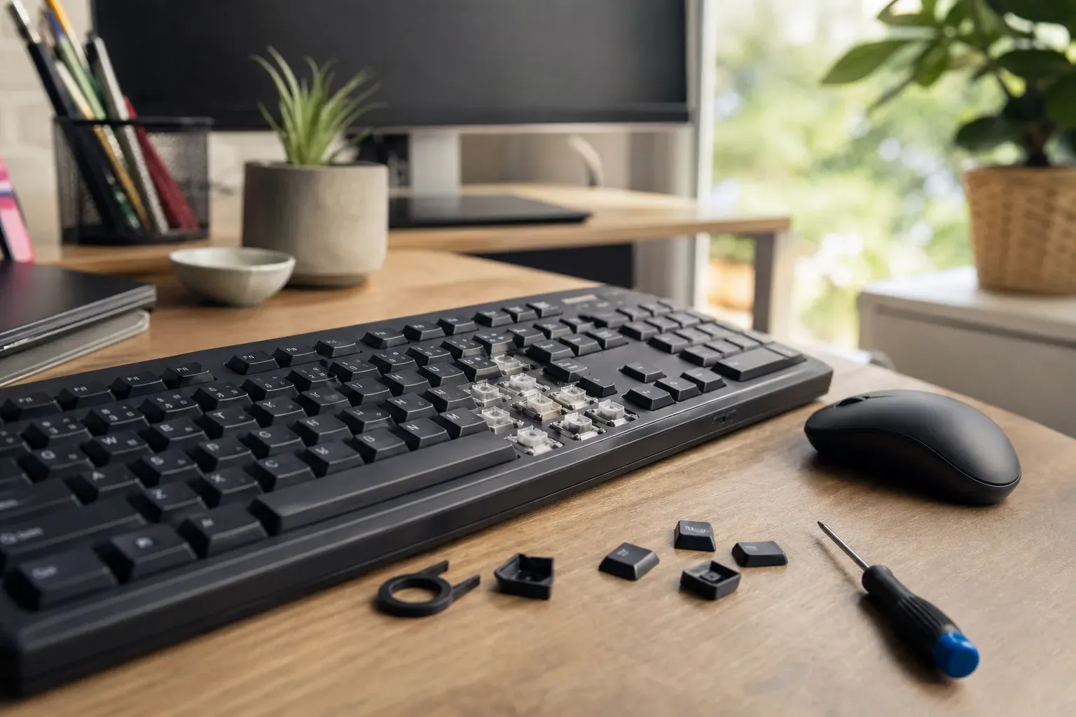 Clavier d'ordinateur démonté avec touches retirées et tournevis sur un bureau