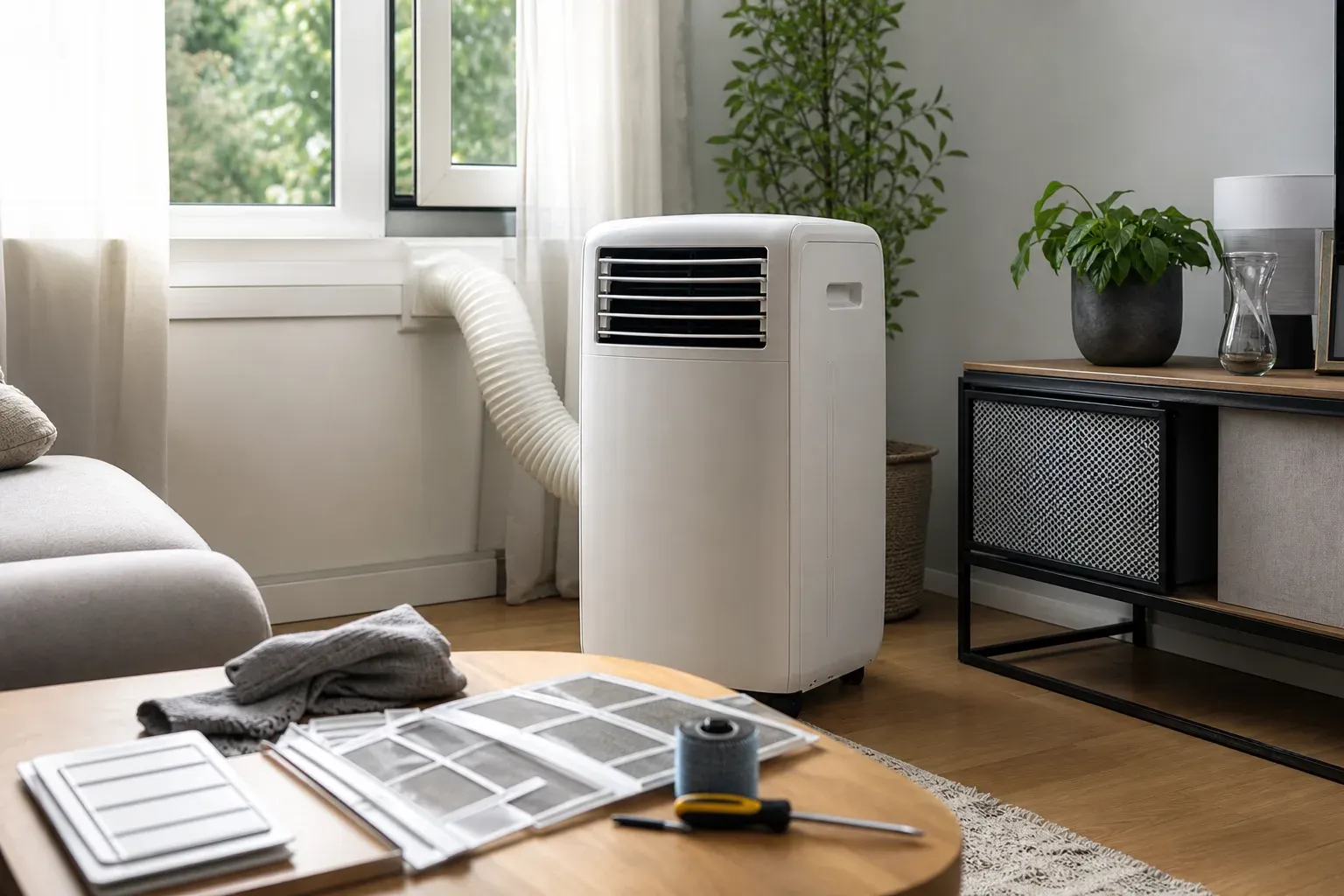 Climatiseur mobile raccordé à une fenêtre dans un salon, filtre posé sur la table
