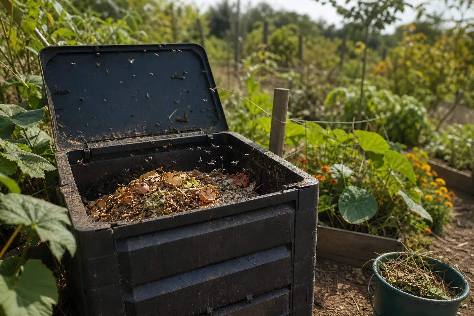 Composteur de jardin ouvert avec des mouches volant au-dessus des déchets organiques