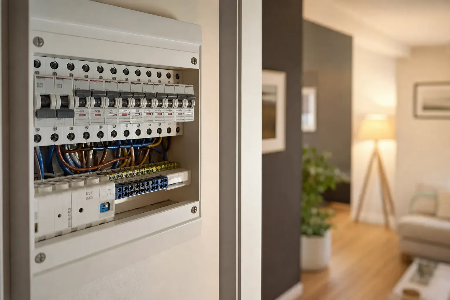 Tableau électrique ouvert avec rangée de disjoncteurs dans une entrée de maison