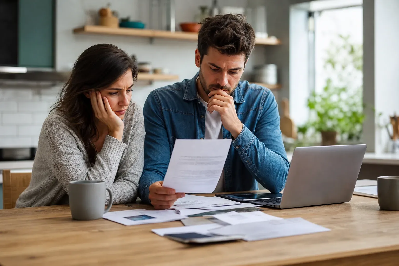 Couple préoccupé examinant des documents financiers devant un ordinateur portable