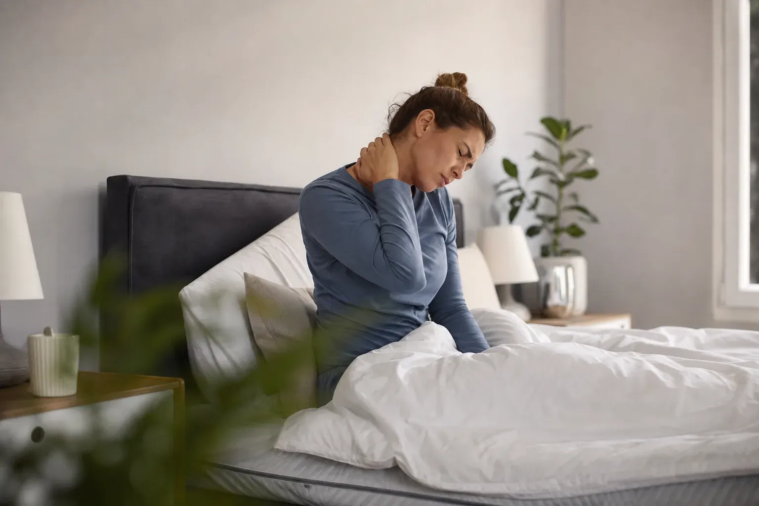 Personne allongée dans un lit lumineux, main posée sur la nuque au réveil