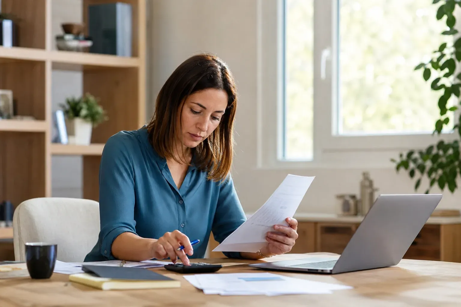 Femme vérifiant des documents fiscaux avec une calculatrice devant un ordinateur portable
