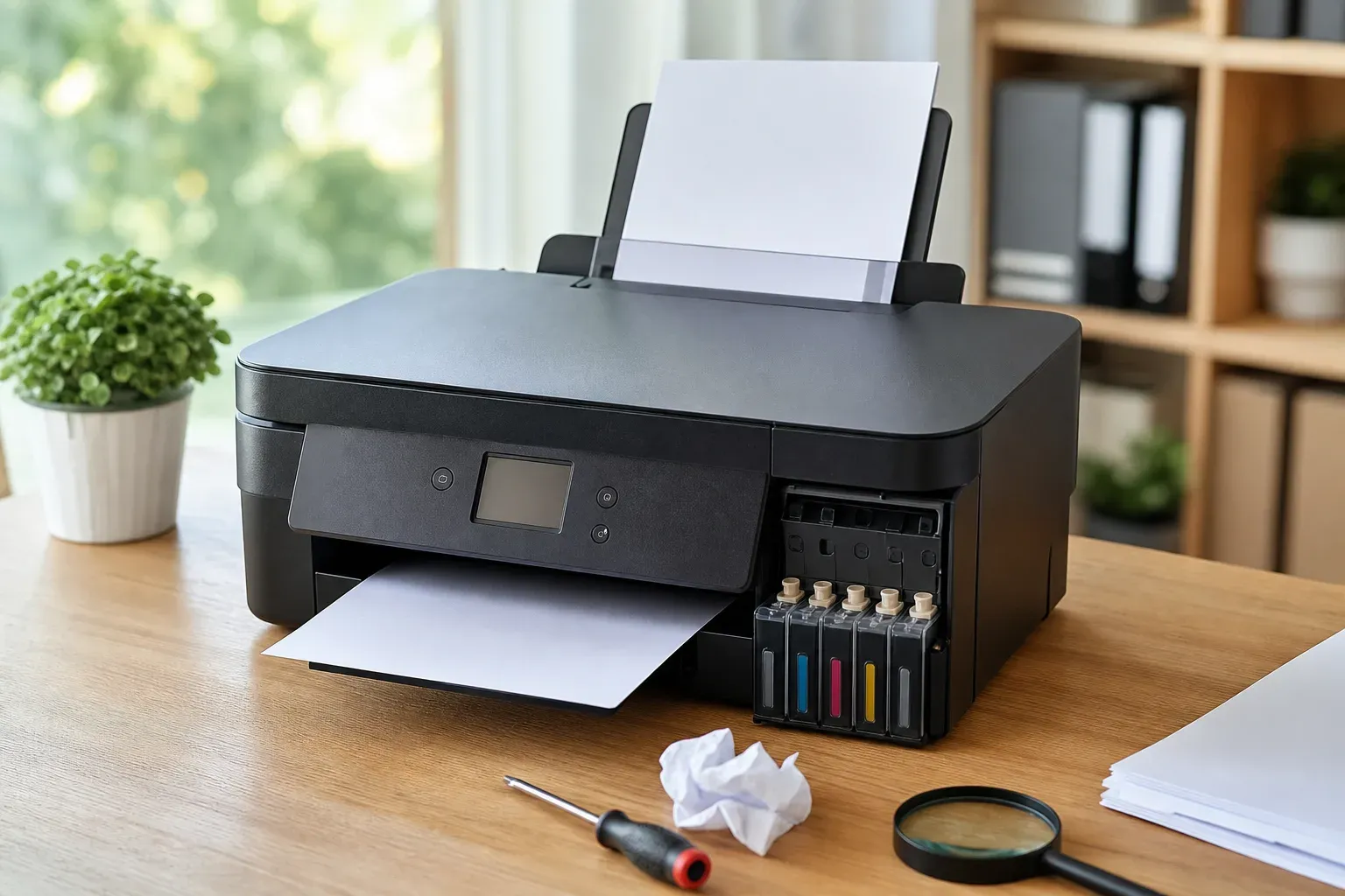 Imprimante jet d'encre posée sur un bureau, feuille blanche en sortie et cartouches couleur visibles