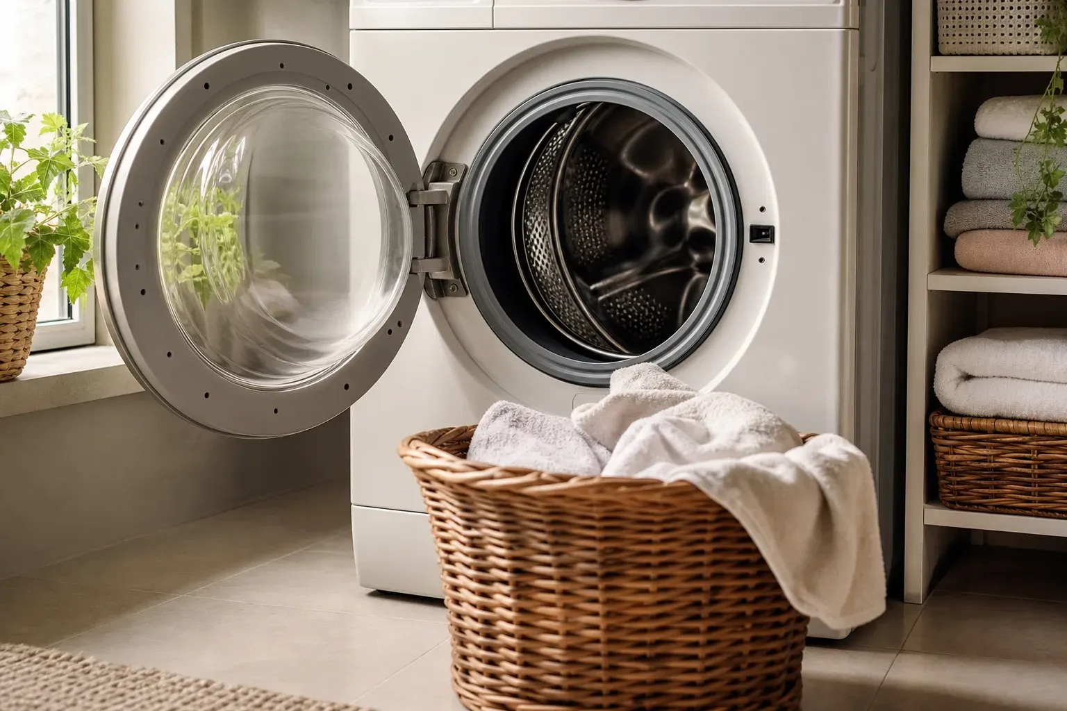Lave-linge à hublot ouvert avec panier de linge en osier posé devant, dans une buanderie lumineuse.