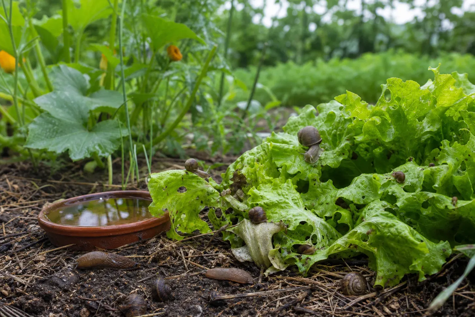 Escargots et limaces sur des feuilles de salade trouées dans un potager