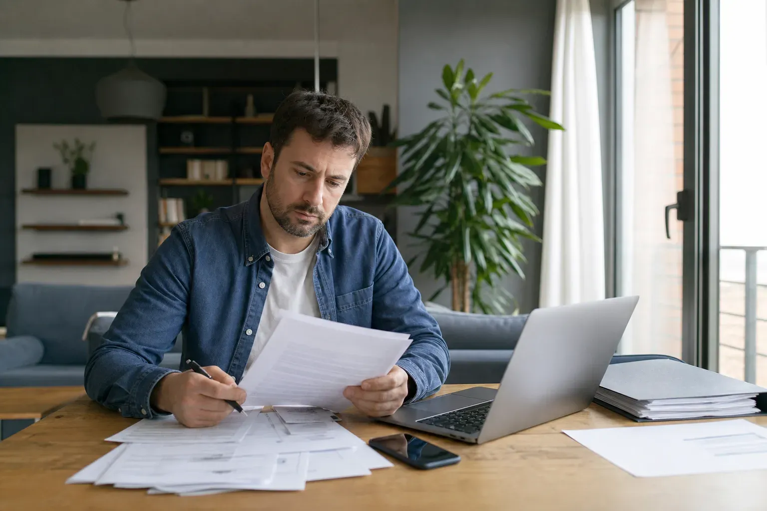 Homme préoccupé examinant des documents et factures devant un ordinateur portable