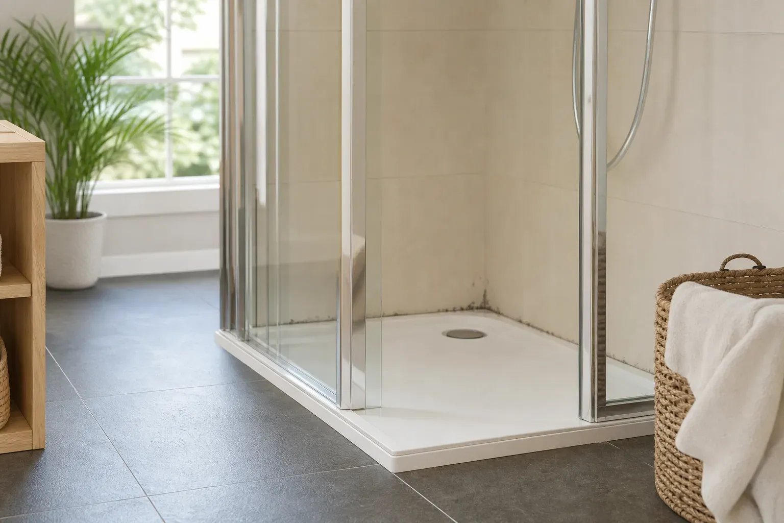 Cabine de douche vitrée avec traces de moisissure noire sur le joint en silicone