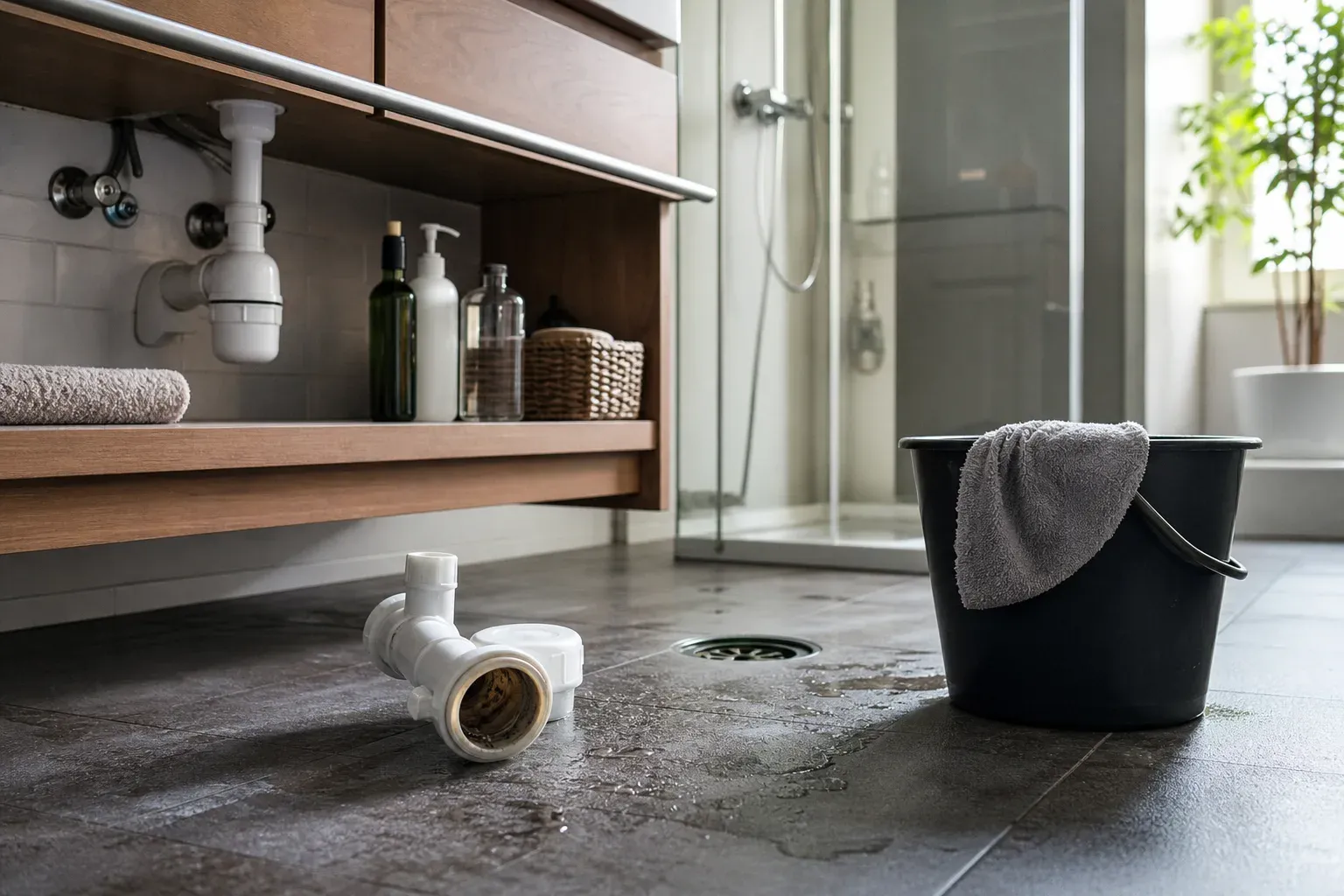 Siphon de lavabo démonté au sol dans une salle de bain, dépôt visible à l'intérieur