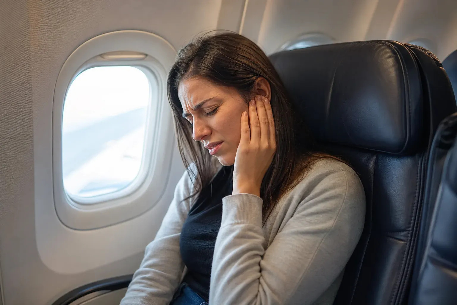 Femme se tenant l'oreille, inconfortable, assise près d'un hublot d'avion