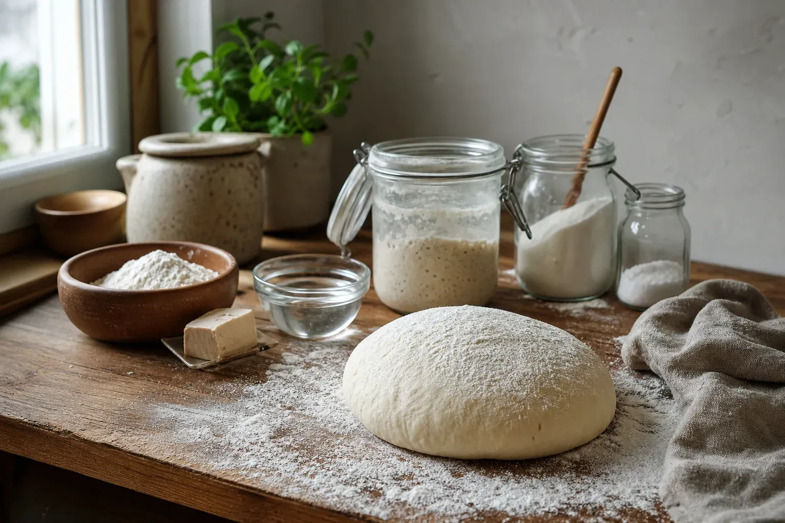 Pâte à pain dans un bol en céramique, cuisine lumineuse, lumière naturelle douce