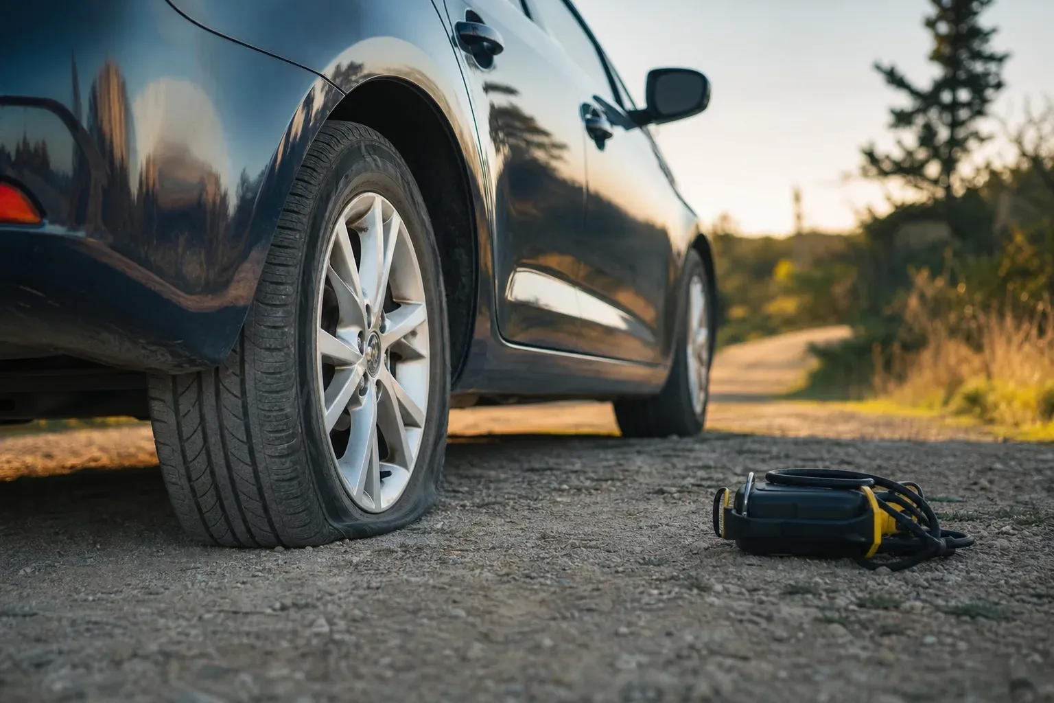 Gros plan sur un pneu de voiture examiné à l'aide d'un manomètre de pression