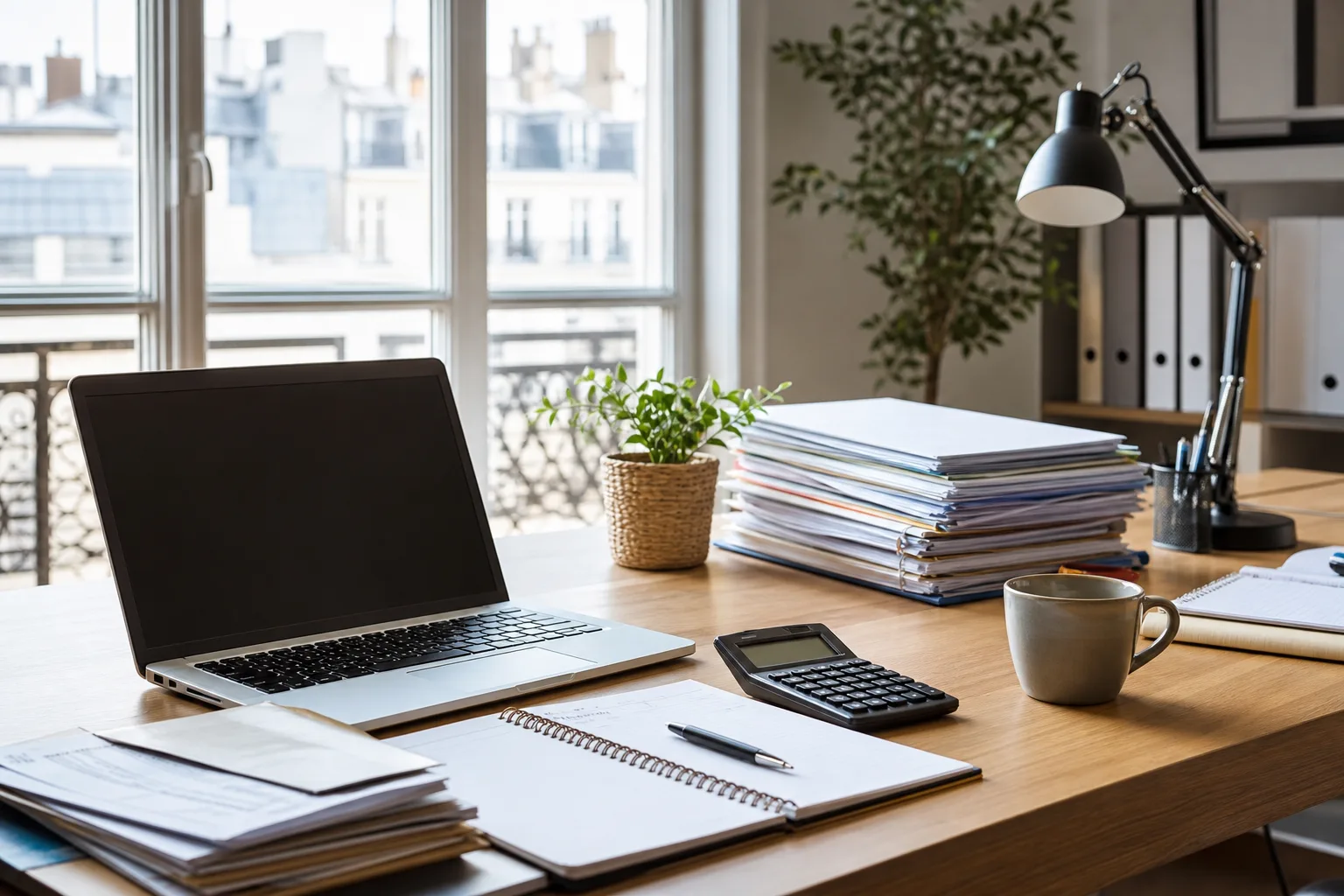 Bureau clair de consultant indépendant avec ordinateur portable, dossiers administratifs et calculatrice