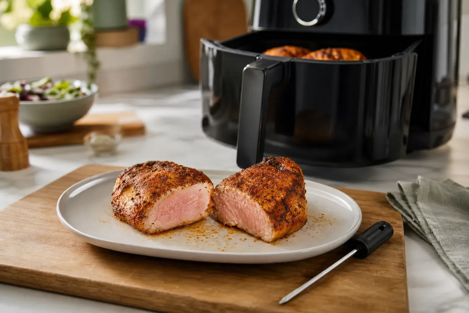 Morceau de poulet coupé montrant l'intérieur encore rosé, devant un airfryer ouvert