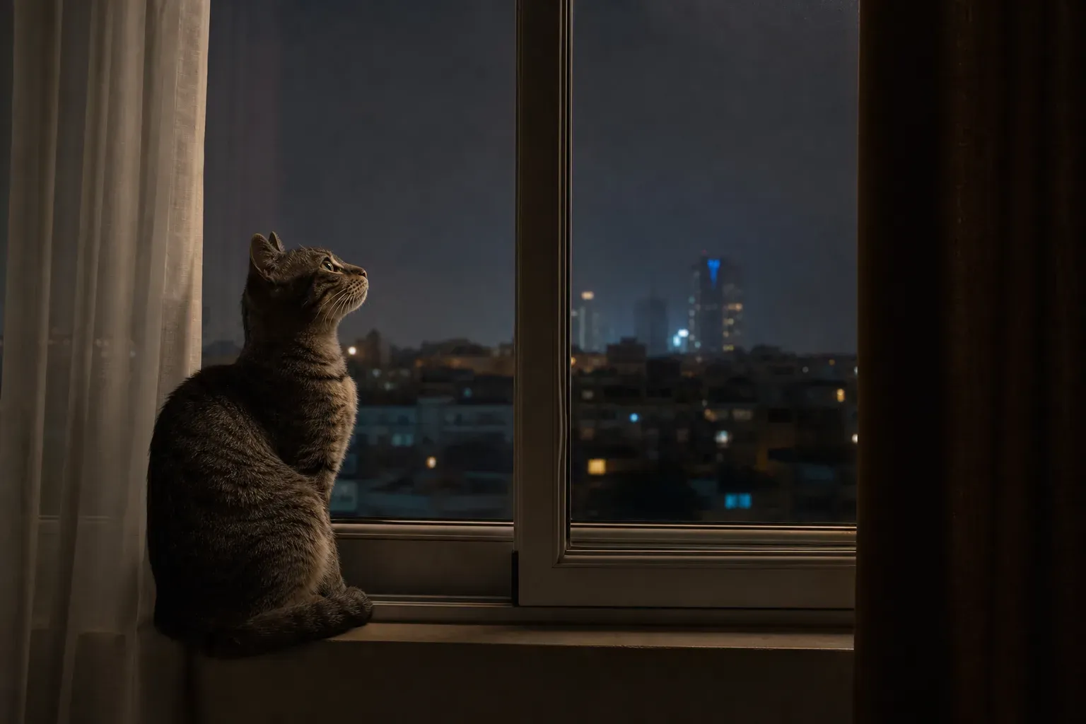 Chat assis près d'une fenêtre la nuit, éclairé par la lumière douce de la lune