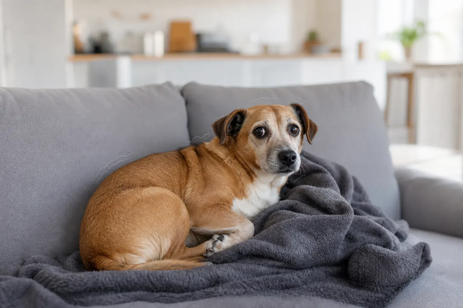 Chien blotti sous une couverture sur un canapé, l'air inquiet