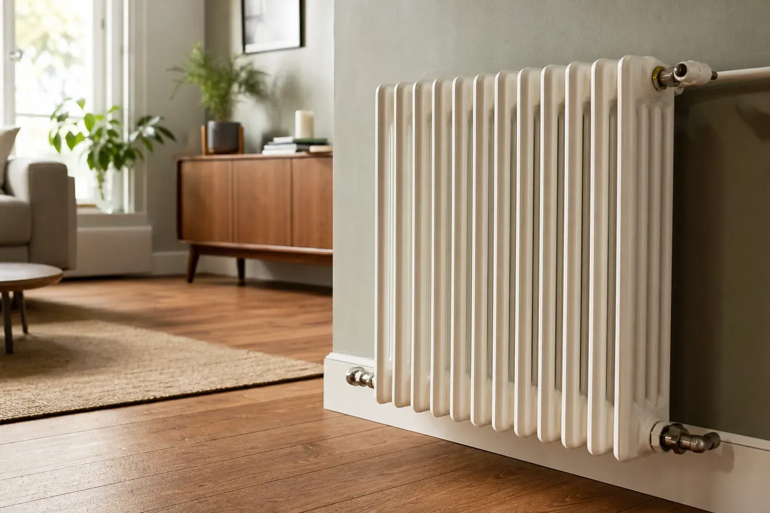 Radiateur en fonte dans un intérieur lumineux, lumière naturelle douce