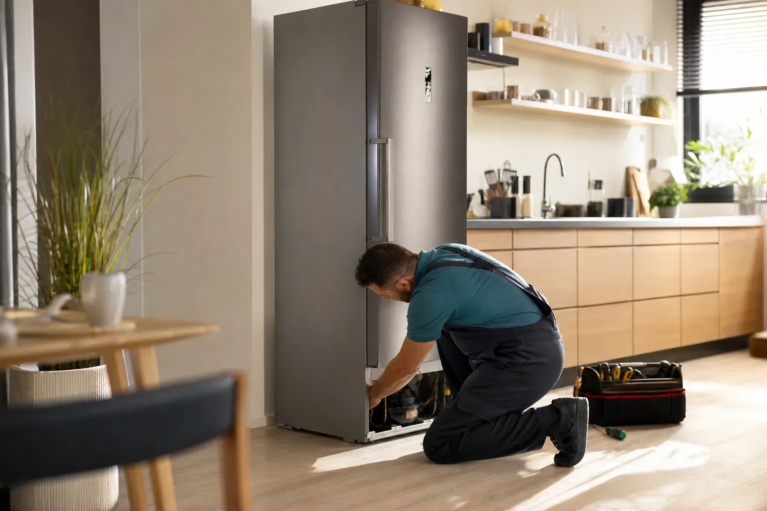 Technicien agenouillé réparant le bas d'un réfrigérateur dans une cuisine lumineuse