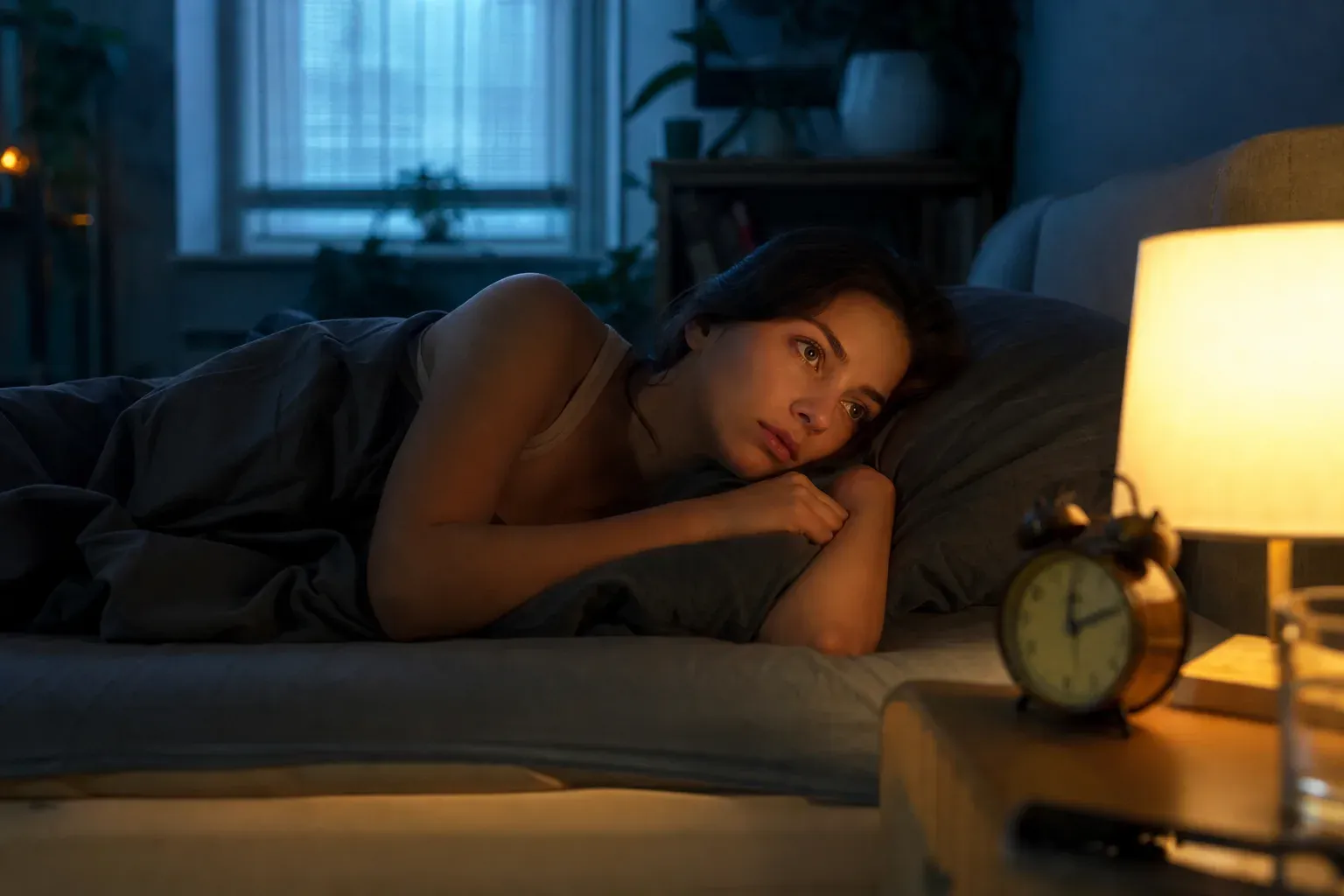 Personne éveillée dans son lit la nuit, regardant un réveil à côté d'elle