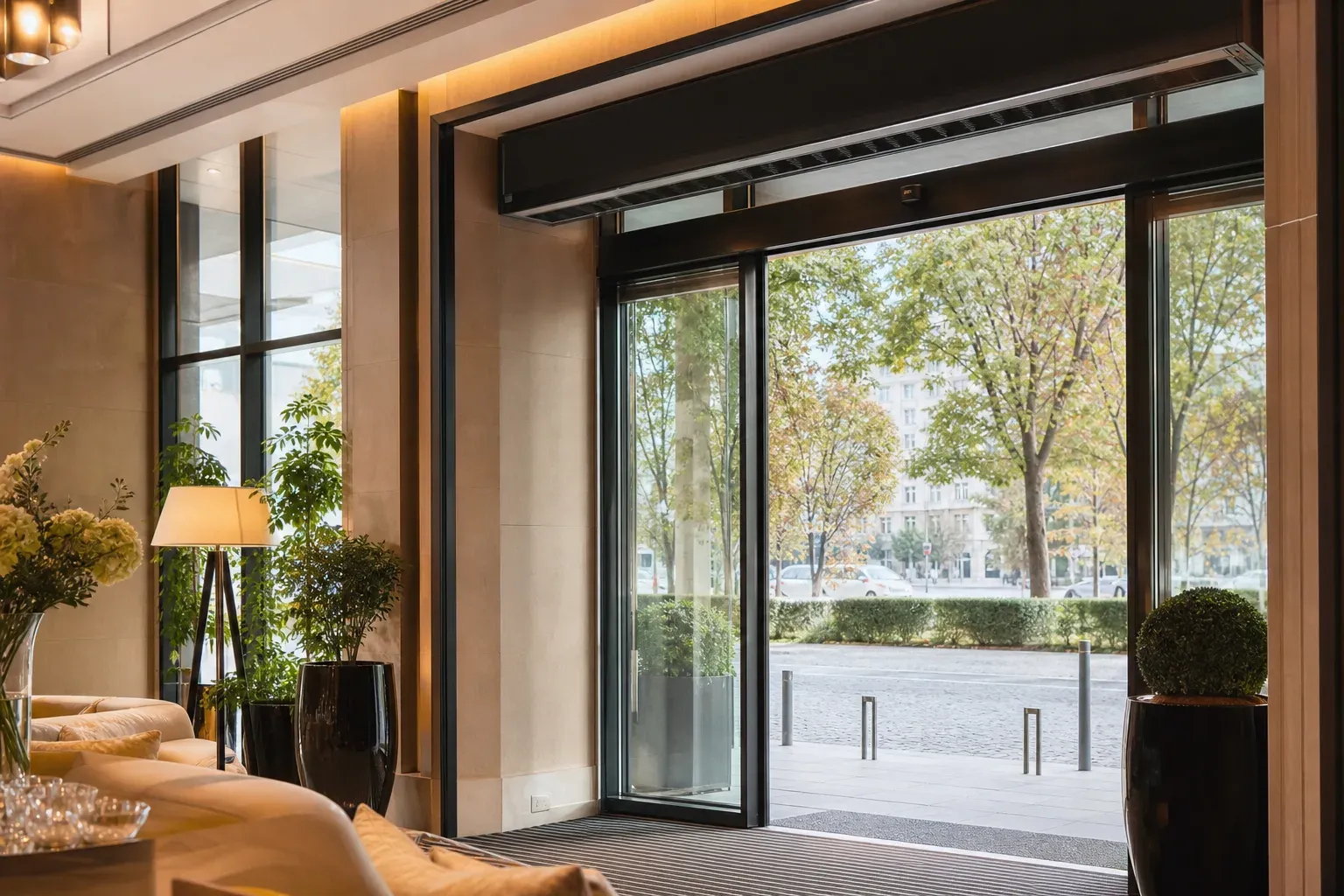 Rideau d’air chaud pour hôtel : Rideau d’air chaud discret pour accueil confortable en entrée d’hôtel