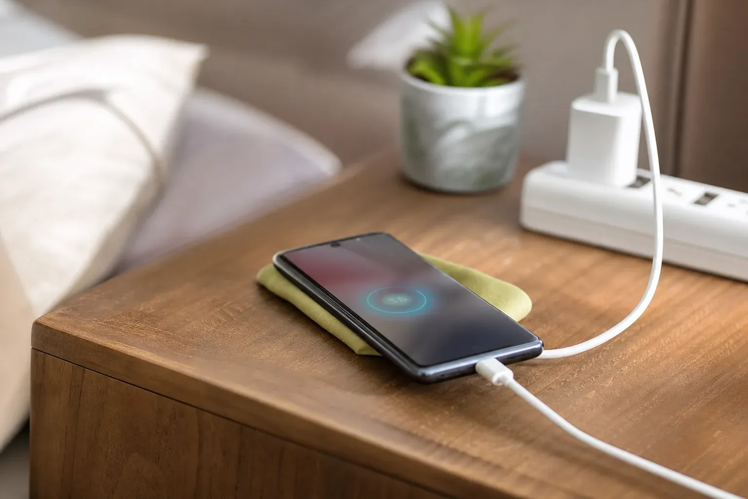 Smartphone en charge sans fil posé sur une table de chevet en bois