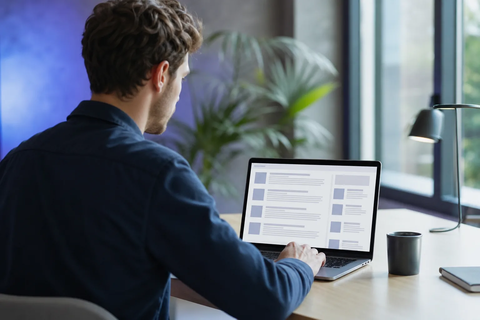 Une personne consulte les résultats de recherche Google sur son ordinateur portable, dans un bureau lumineux.