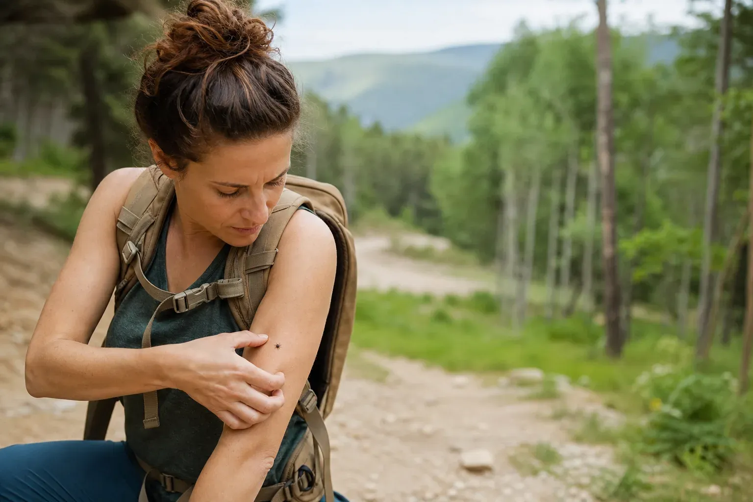 Randonneuse examinant son avant-bras sur un chemin forestier