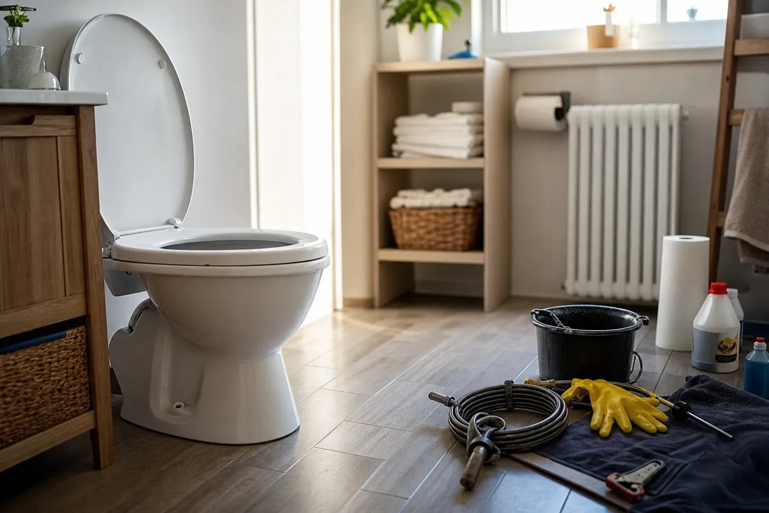 Toilettes avec outils de plomberie de dépannage posés au sol dans une salle de bain