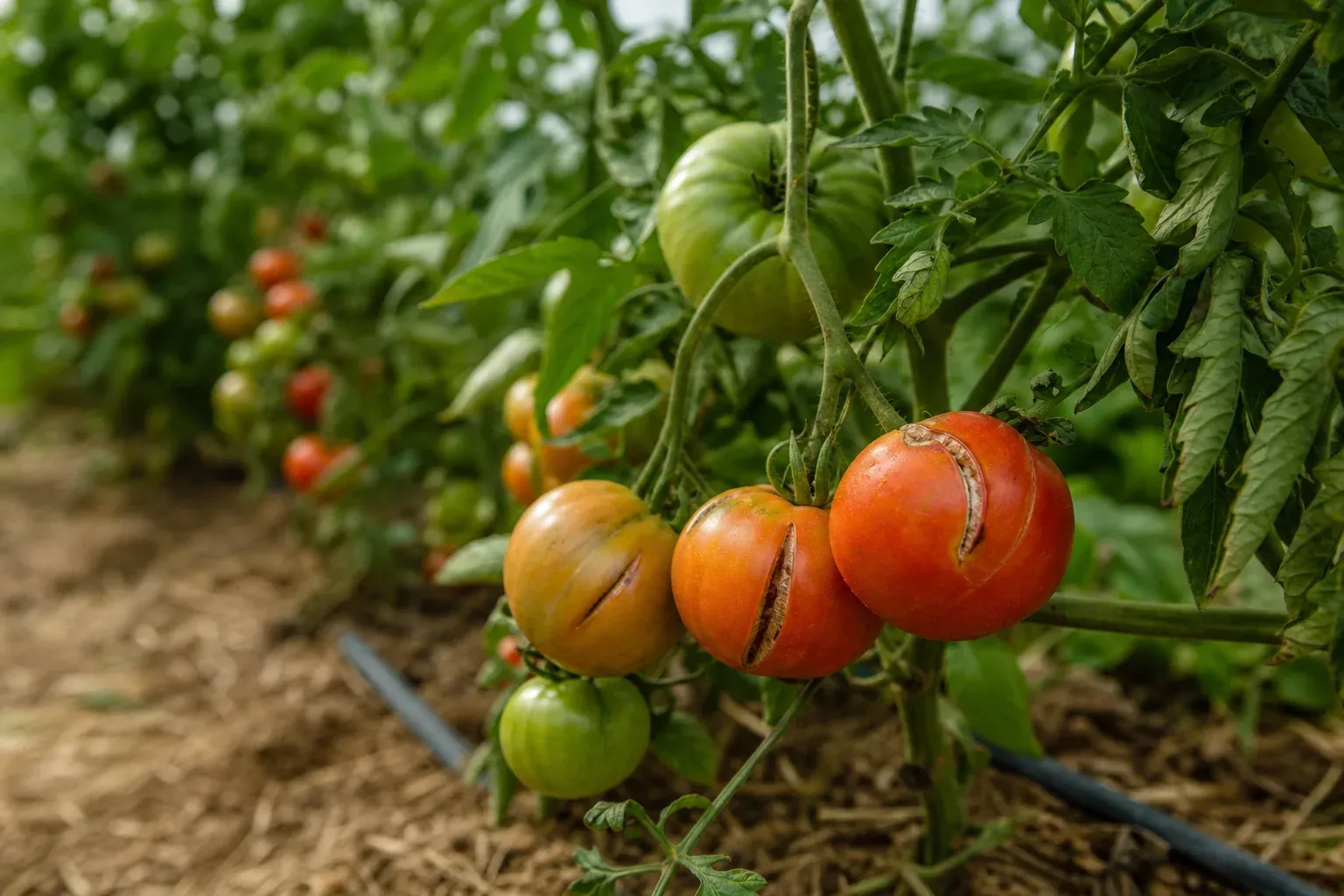 Grappe de tomates fendues sur un plant dans un potager paillé