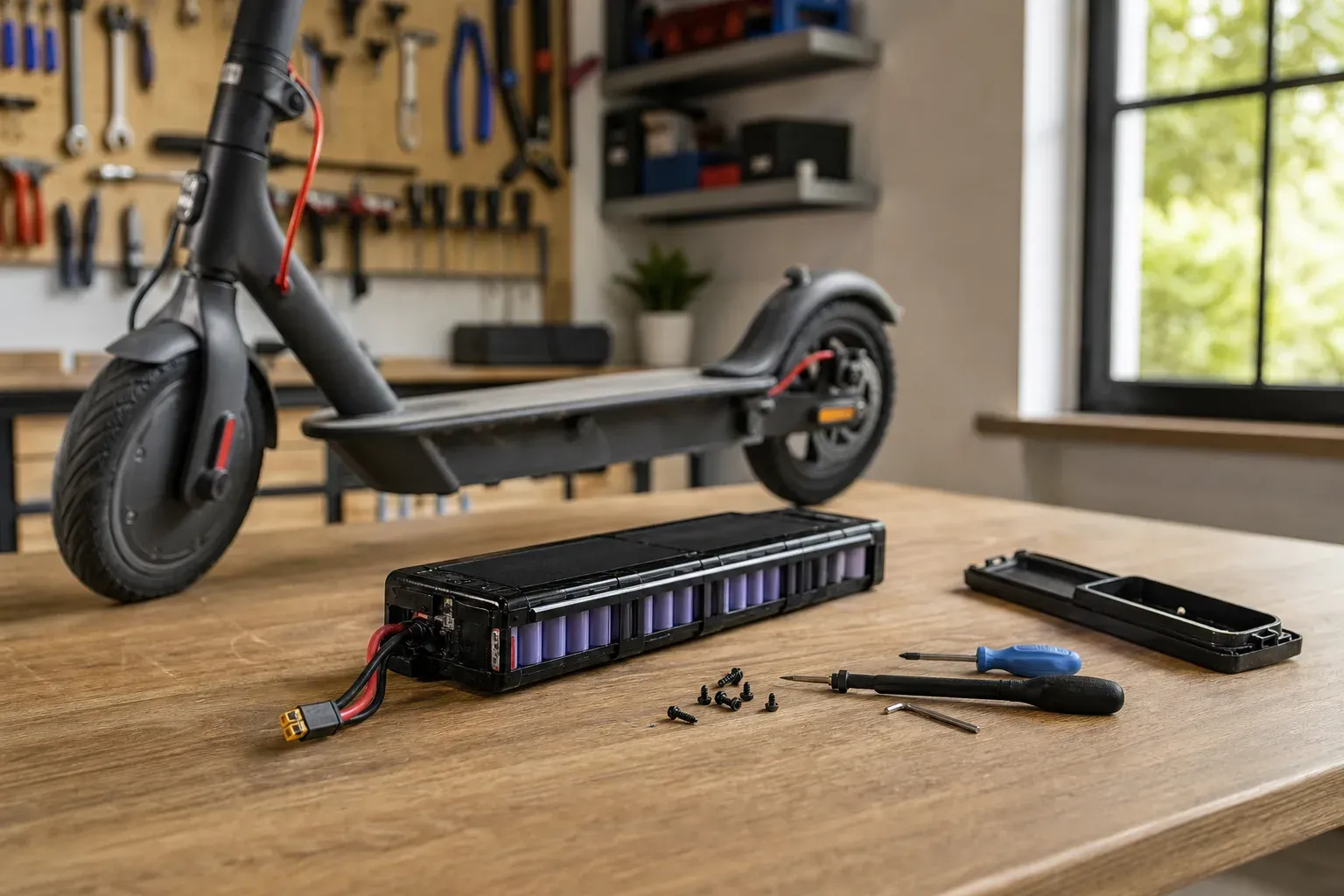 Batterie de trottinette électrique démontée sur un établi avec des outils