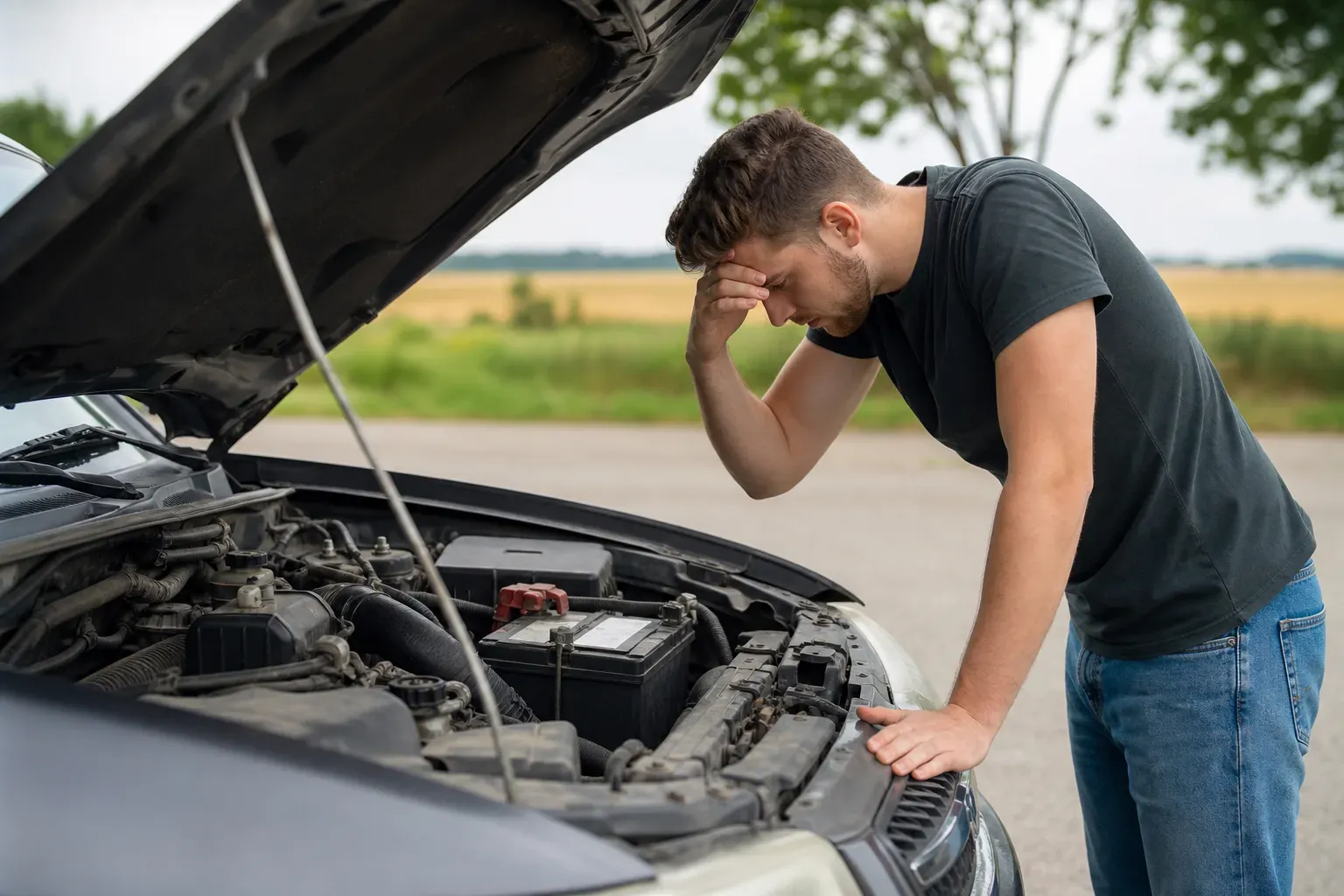 Homme penché sous le capot ouvert d'une voiture en panne, inspectant la batterie