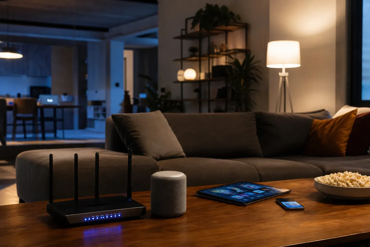 Box internet et routeur Wi-Fi allumés dans un salon en soirée